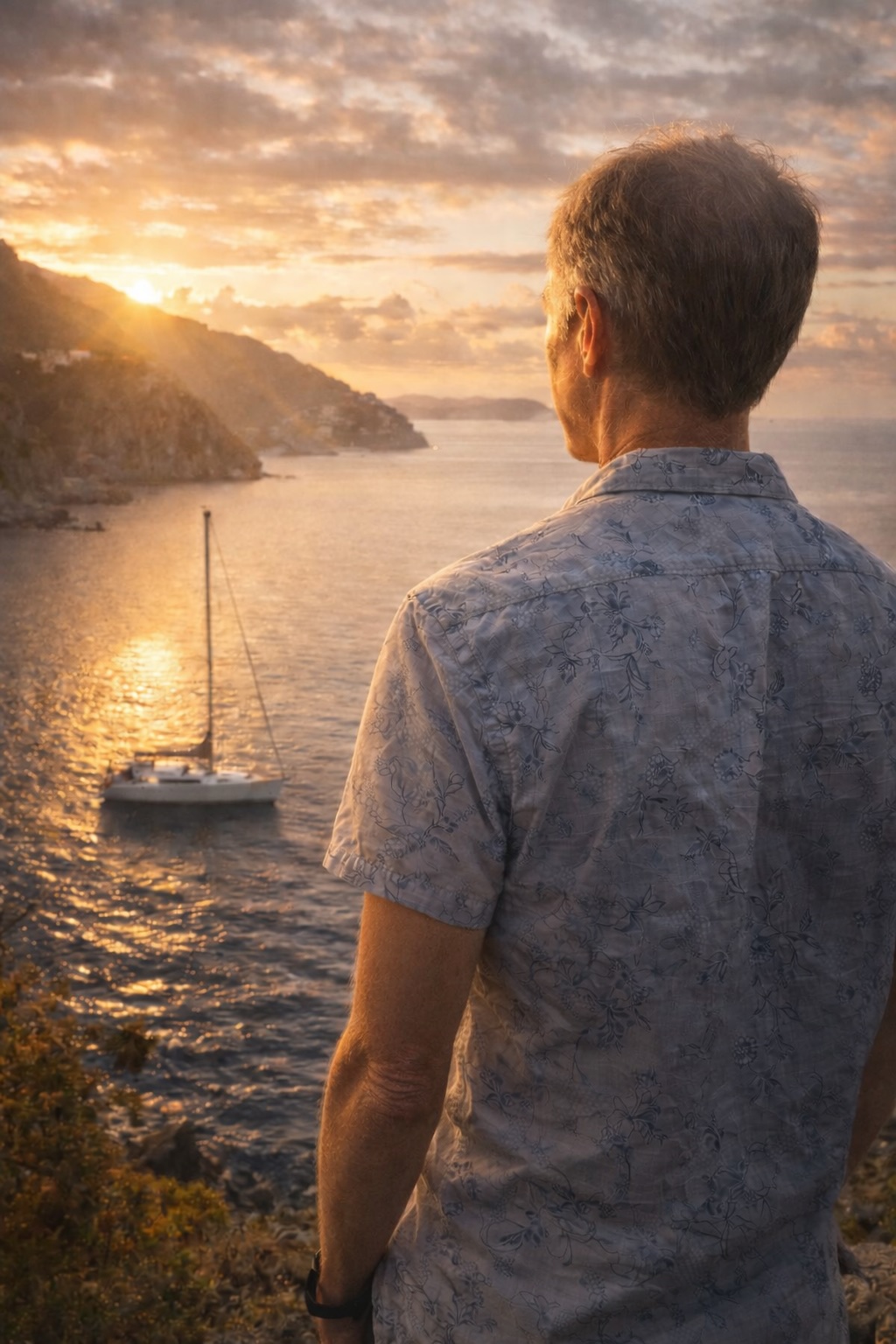 Man with coffee looking out at the coast